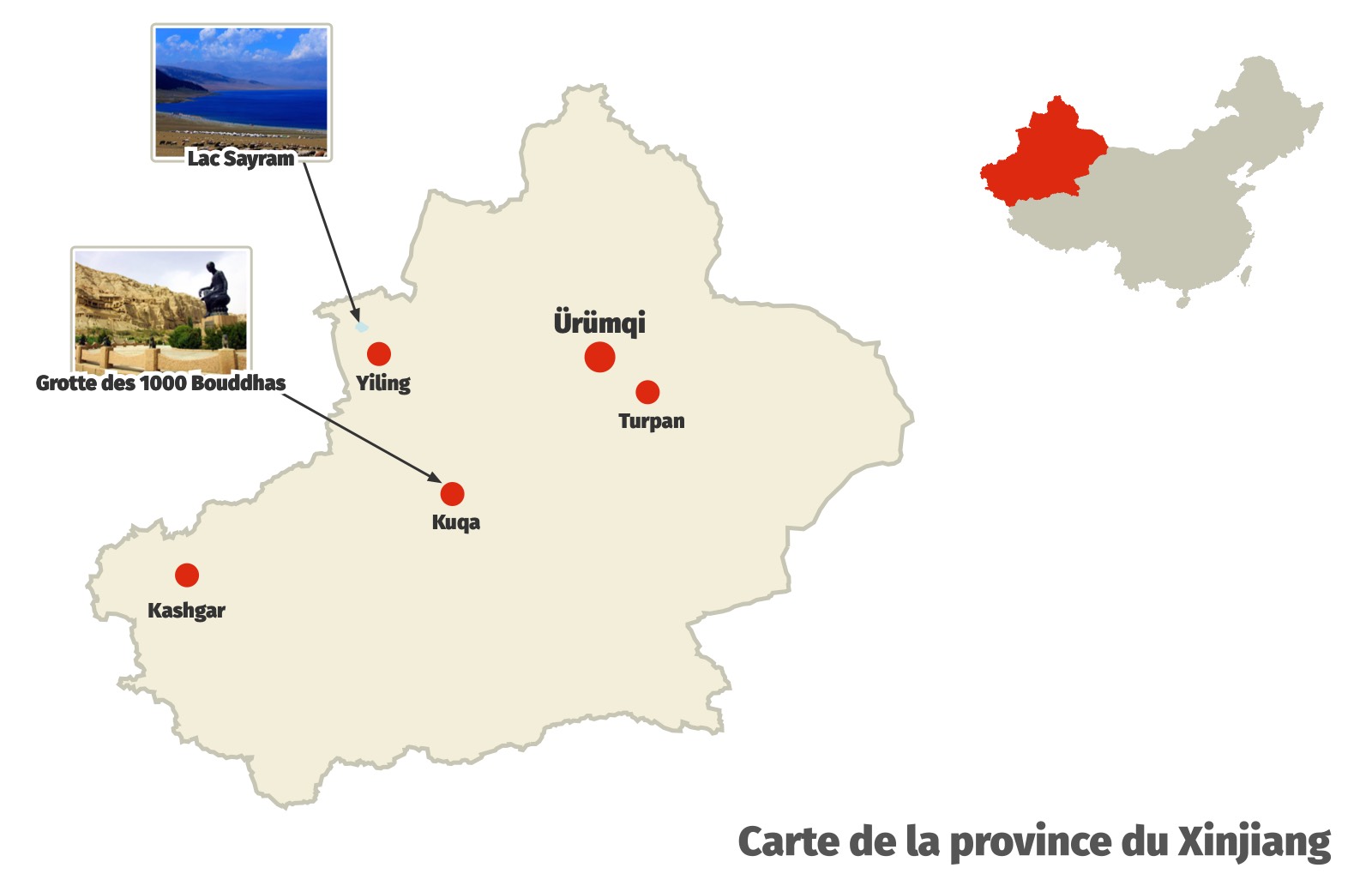 Carte des endroits &agrave; visiter dans la province du Xinjiang en Chine