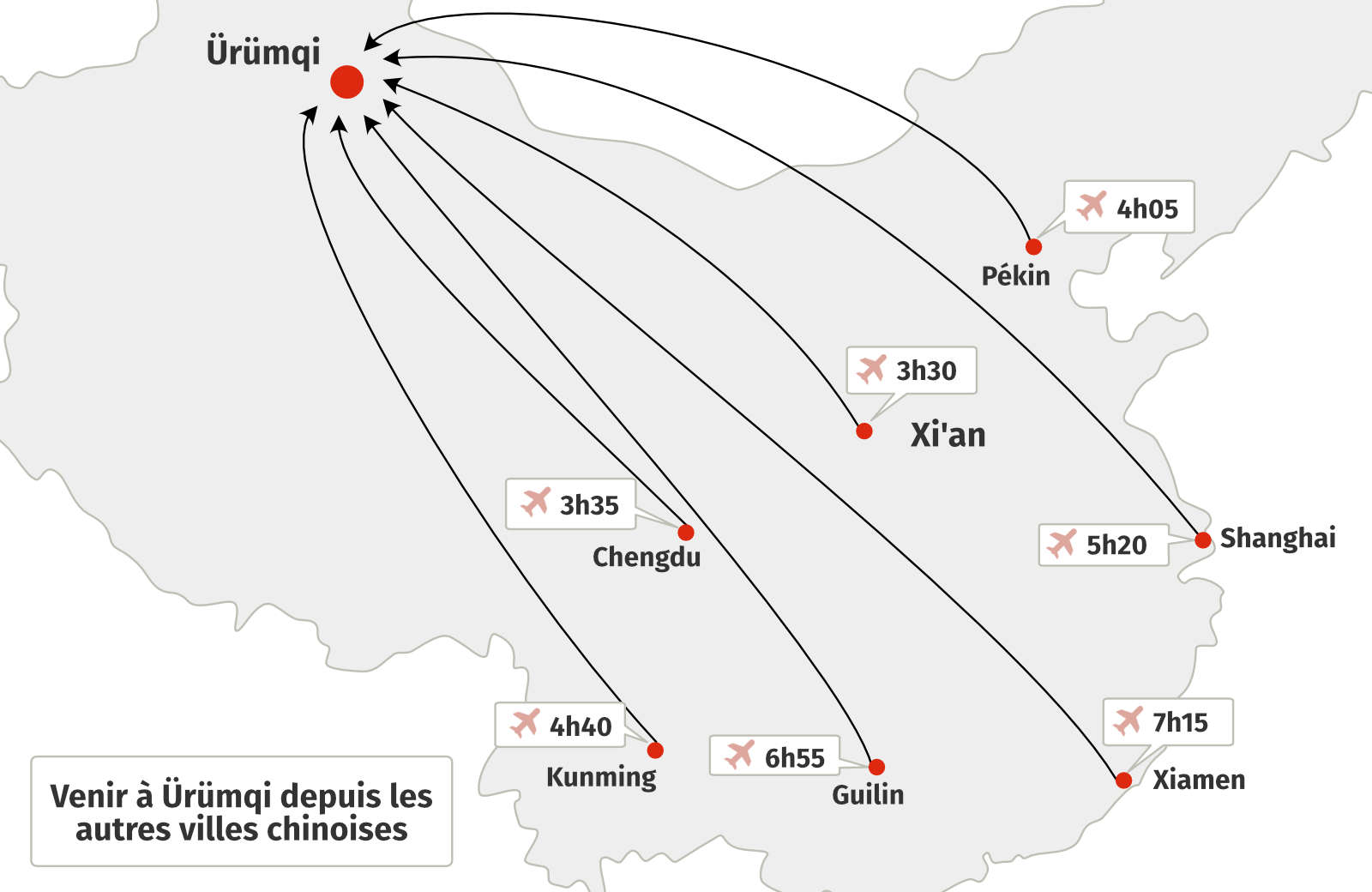 Carte comment venir &agrave; Urumqi depuis Pekin, Shanghai, Xiamen, Kunming