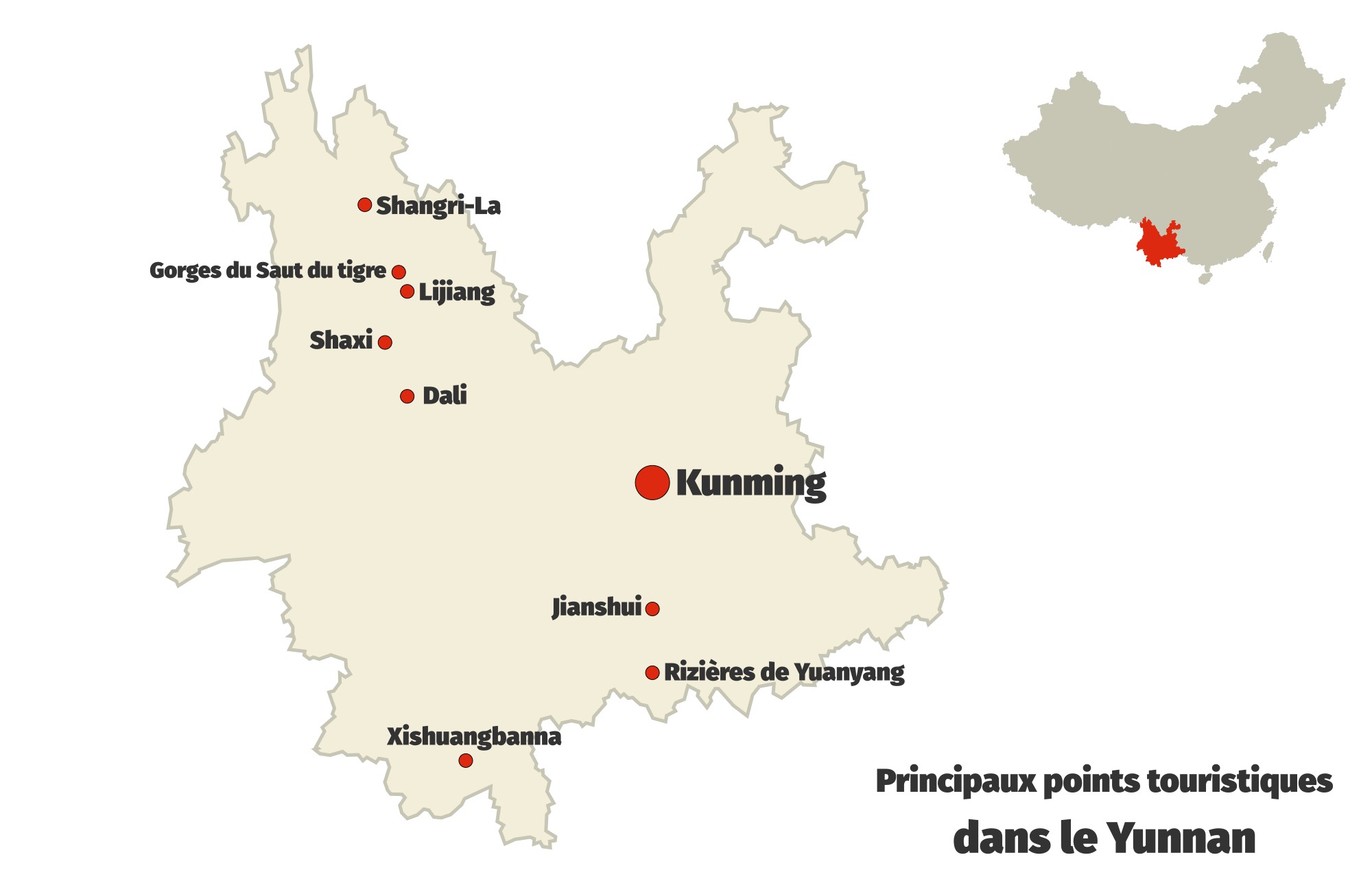 carte des principaux points touristiques du Yunnan